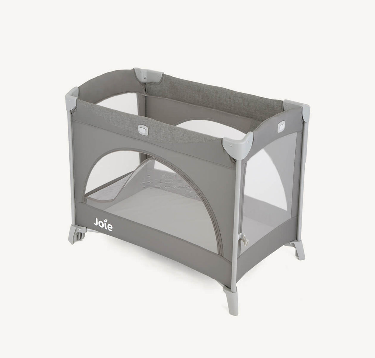 Joie Kubbie Sleep bedside crib and travel cot in foggy grey with zip-open sides, compact and portable for easy travel and bedside use.