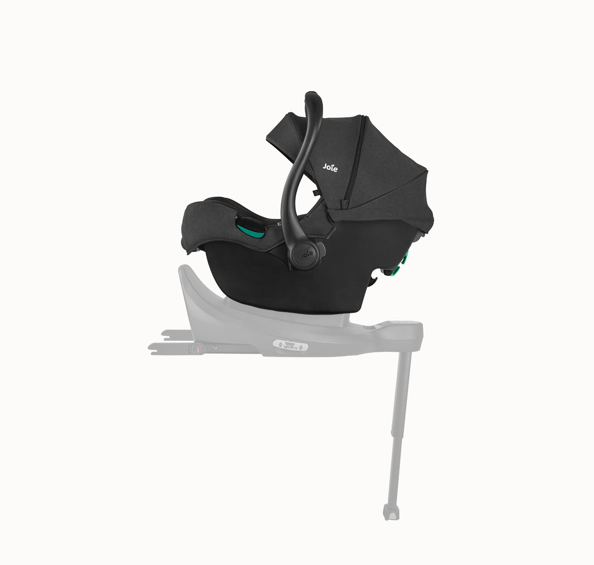 Joie i-Gemm 3 i-Size infant car seat in Raven color with a ghosted base, shown in profile view.