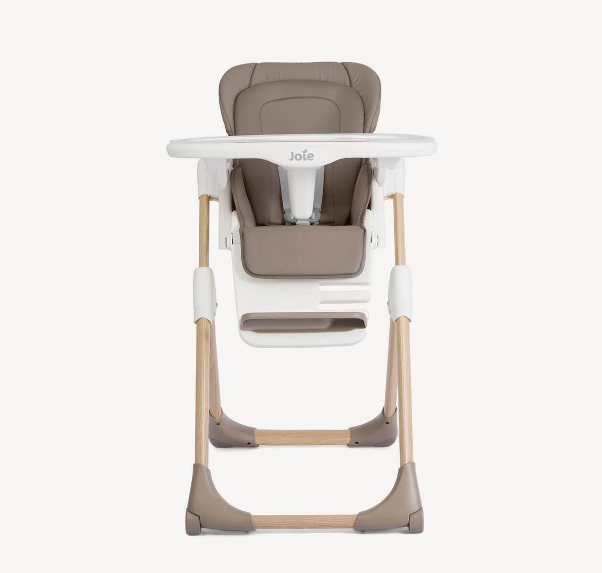 Joie Mimzy Recline high chair in Strata Acorn Wood with reversible pad, featuring adjustable recline and wooden finish.