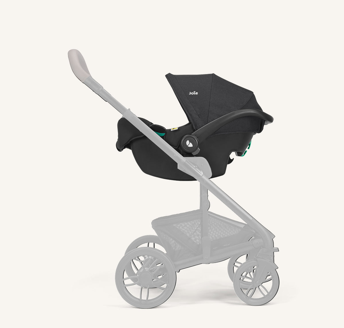 Joie i-Snug 2 i-Size infant car seat in raven color mounted on pushchair, side profile view