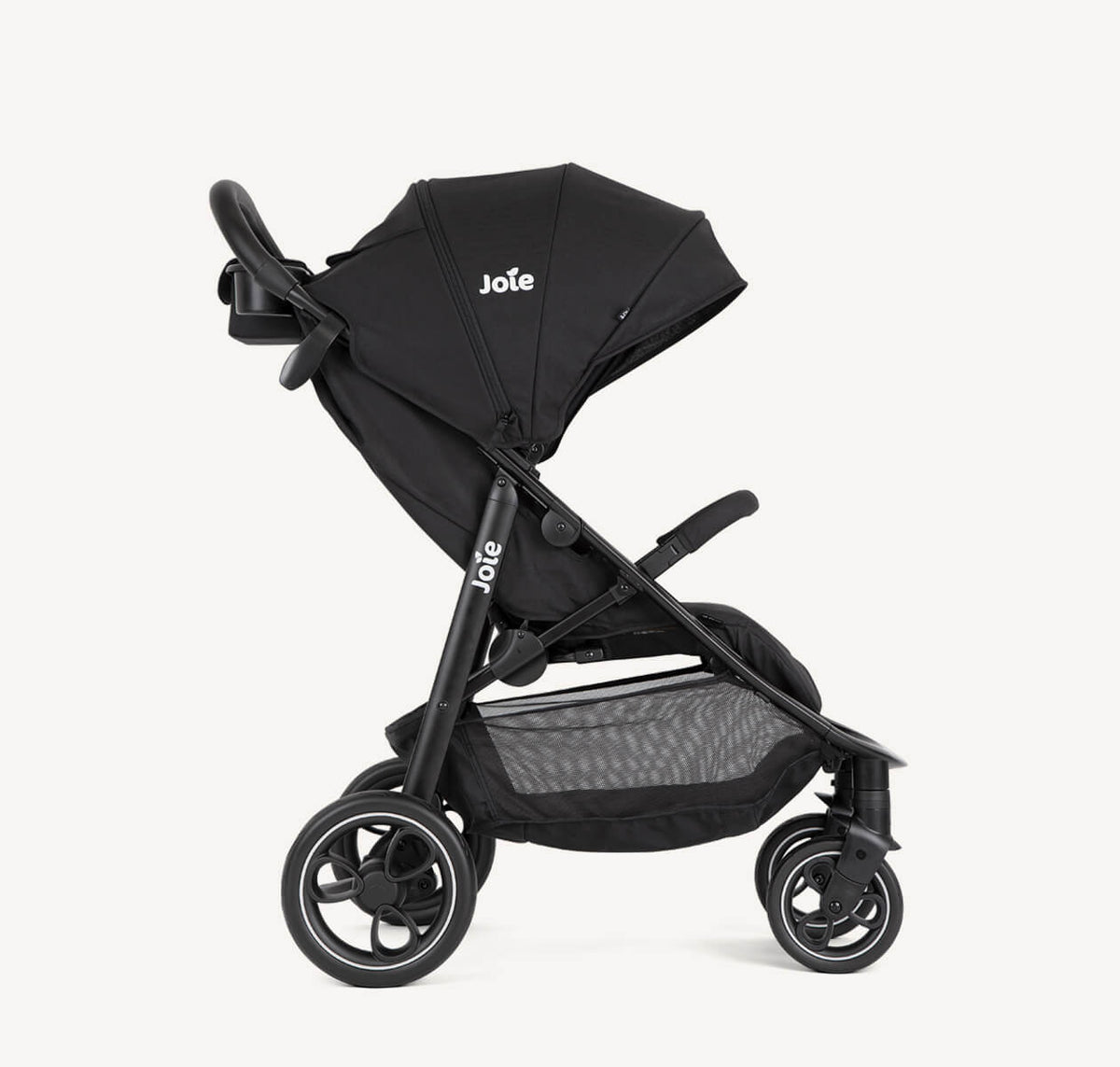 Joie Litetrax travel system with i-Snug 2 infant car seat in shale, including stroller frame and attached car seat, side profile view.