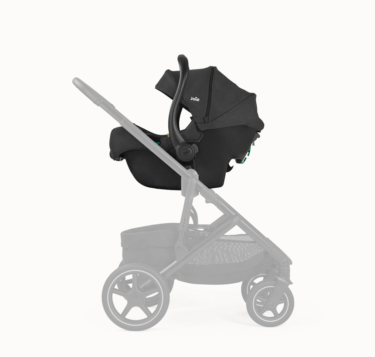Joie i-Gemm 3 i-Size infant car seat in Raven, side profile view showing ergonomic design and secure harness system.
