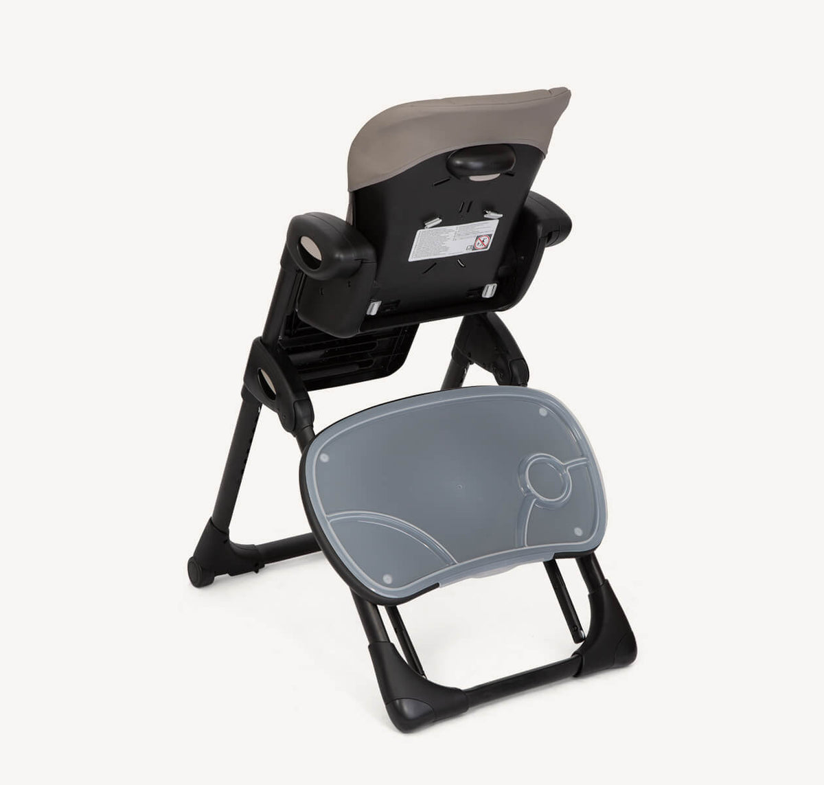 Joie Mimzy Recline From-Birth High Chair in Hazelnut, showing the back view with adjustable recline and padded high chair design.