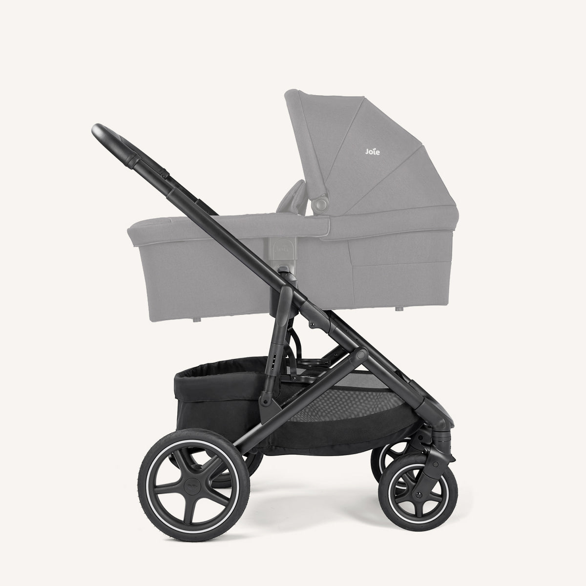 Joie Elara all-suspension stroller in Raven, with a side view showing the sleek black frame and comfortable seating for infants.