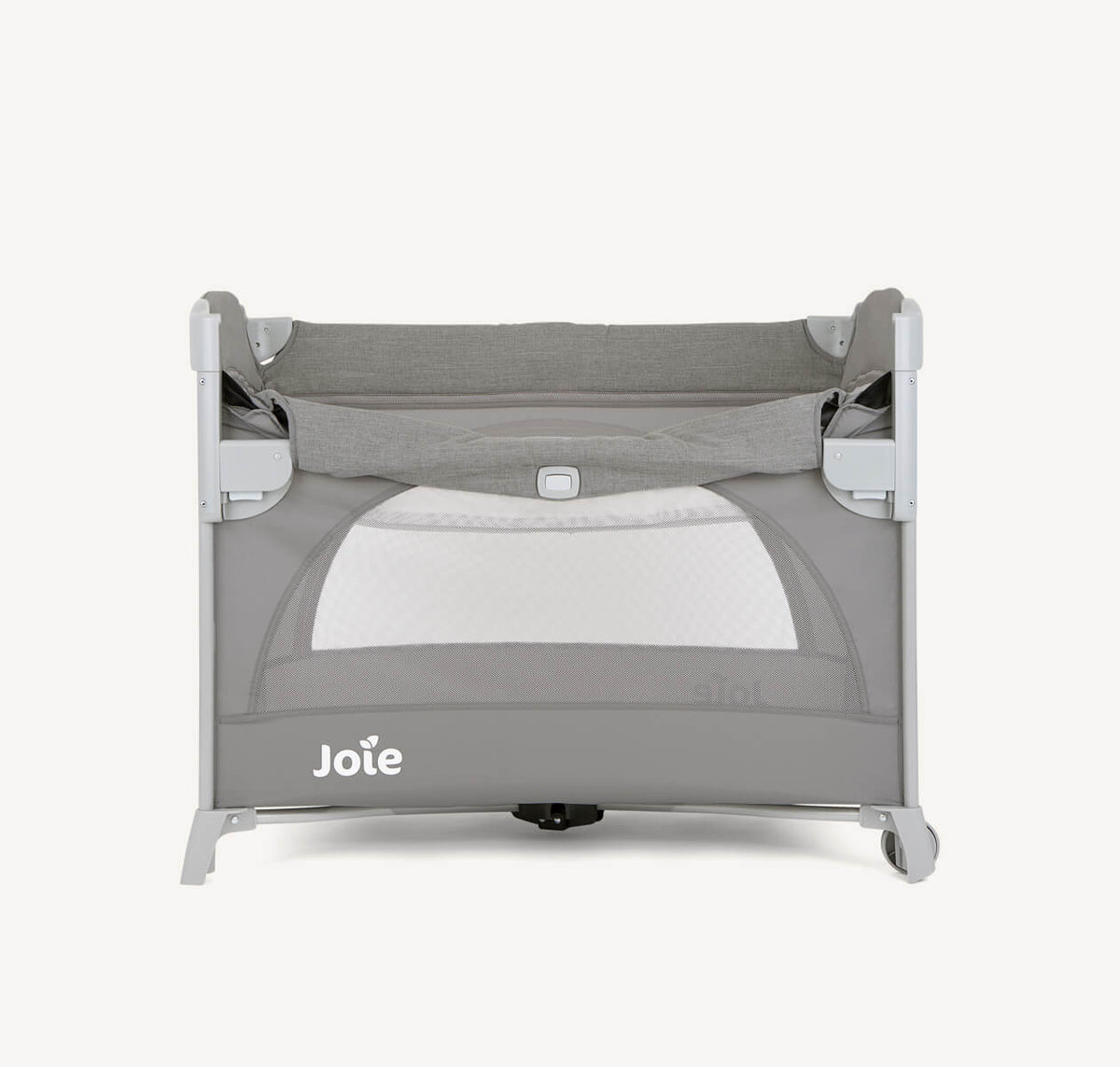 Joie Kubbie Sleep bedside crib and travel cot in Foggy Grey, featuring a compact design with a drop-side for easy access.