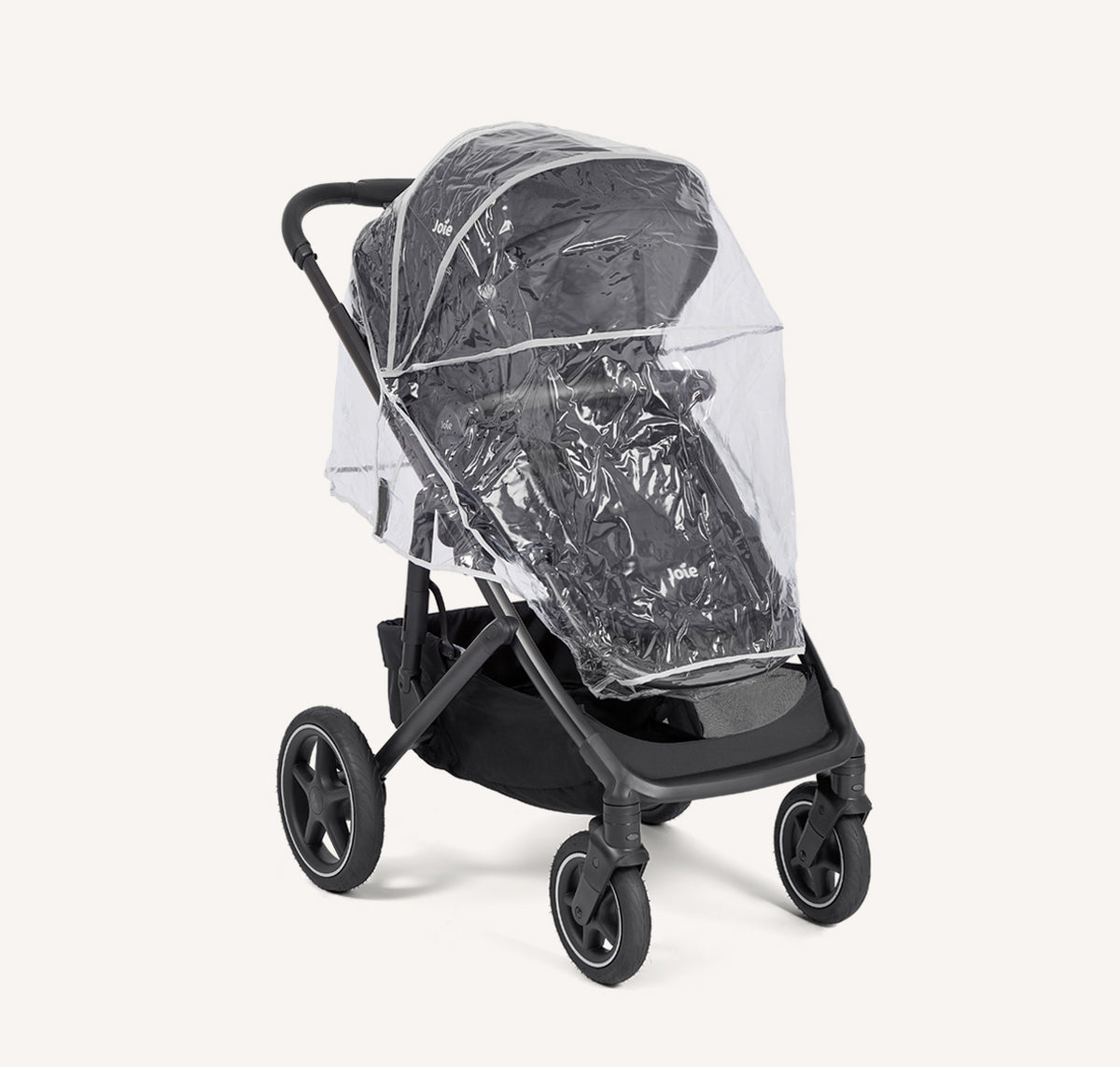 Joie Elara all-suspension stroller in Raven with rain cover, shown from the right angle with the rain cover attached.
