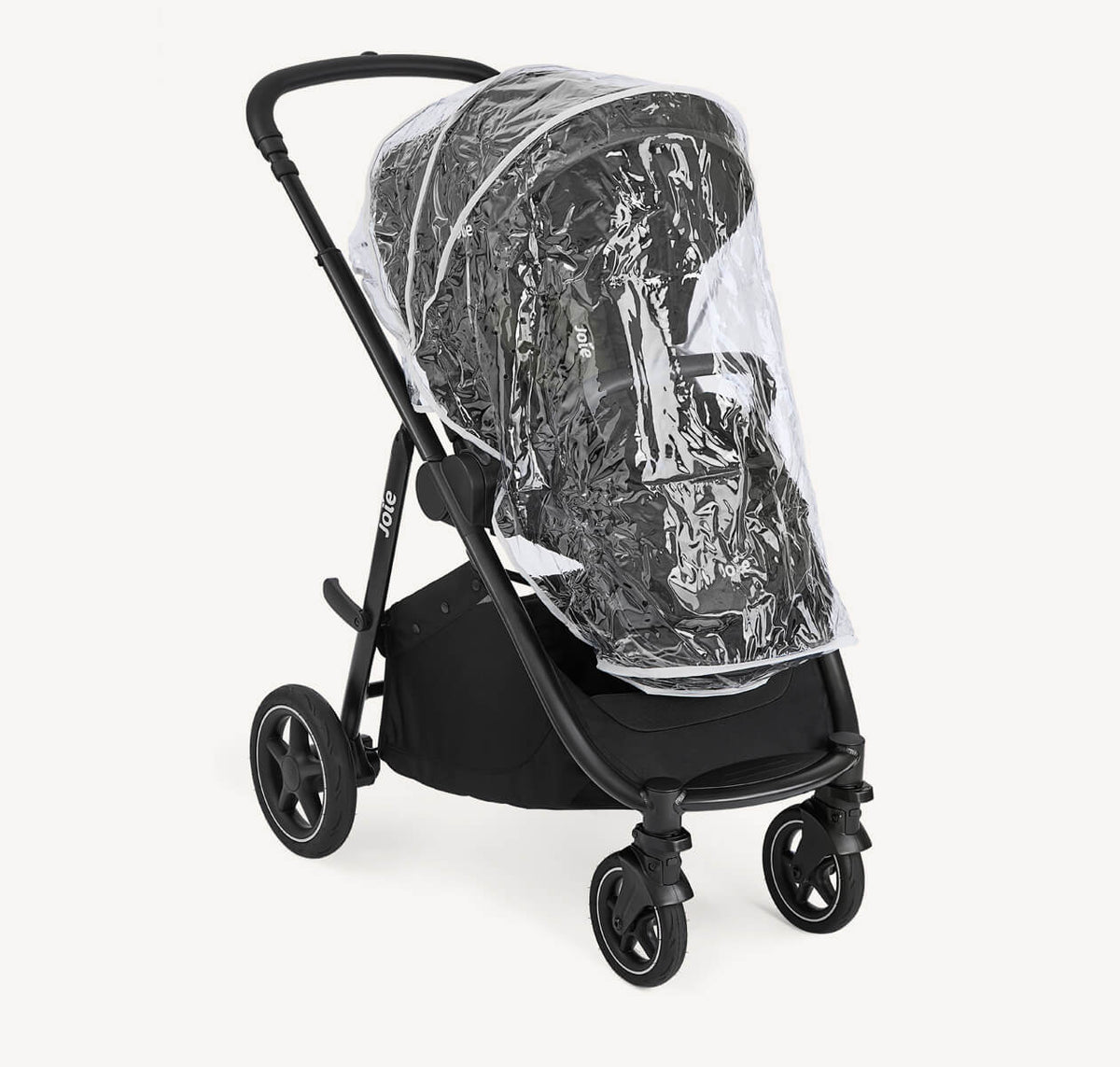 Joie Versatrax travel system with rain cover, featuring a stroller and car seat in Raven color, designed for convenient travel.