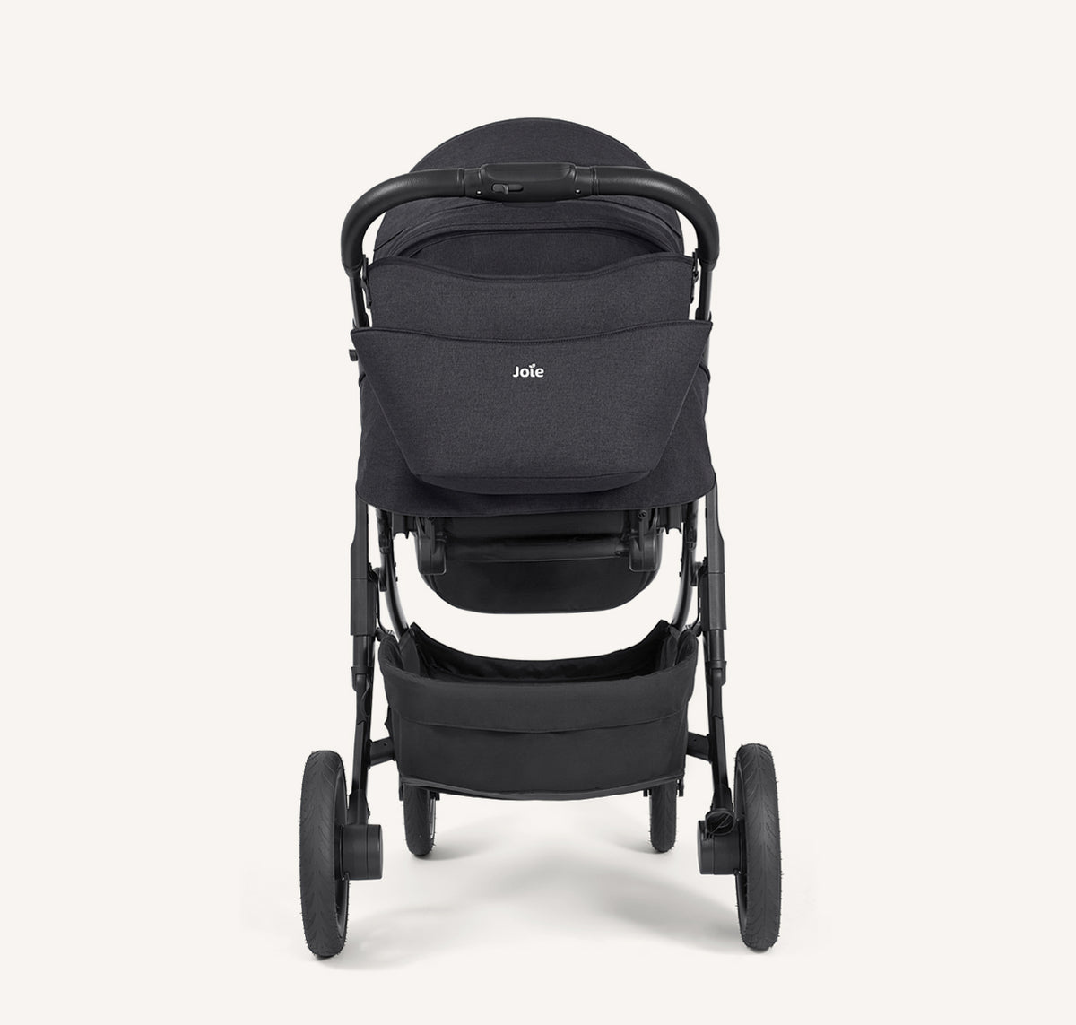 Joie Elara all-suspension stroller in Raven, showing the back view with adjustable handle and padded seat for comfortable strolling.