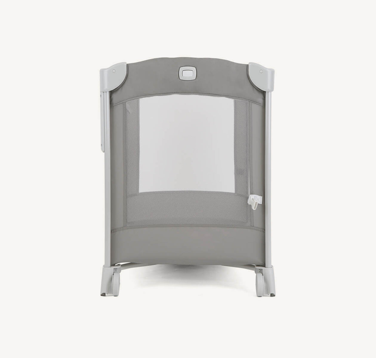 Joie Kubbie Sleep bedside crib and travel cot in foggy grey, shown in profile with soft fabric and sturdy frame for infants.