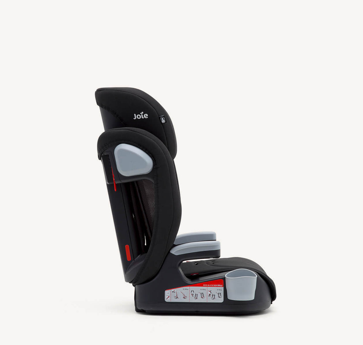 Joie Elevate toddler to booster car seat in two-tone black, featuring padded headrest and adjustable safety belt for child’s comfort.