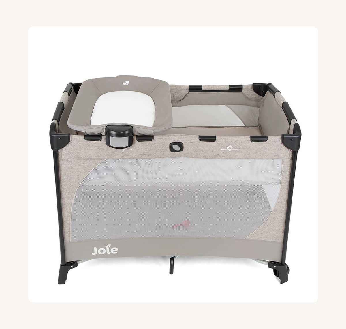 Joie Commuter Change Travel Cot in speckled fabric, portable crib with mesh sides and foldable design for easy travel and naps.