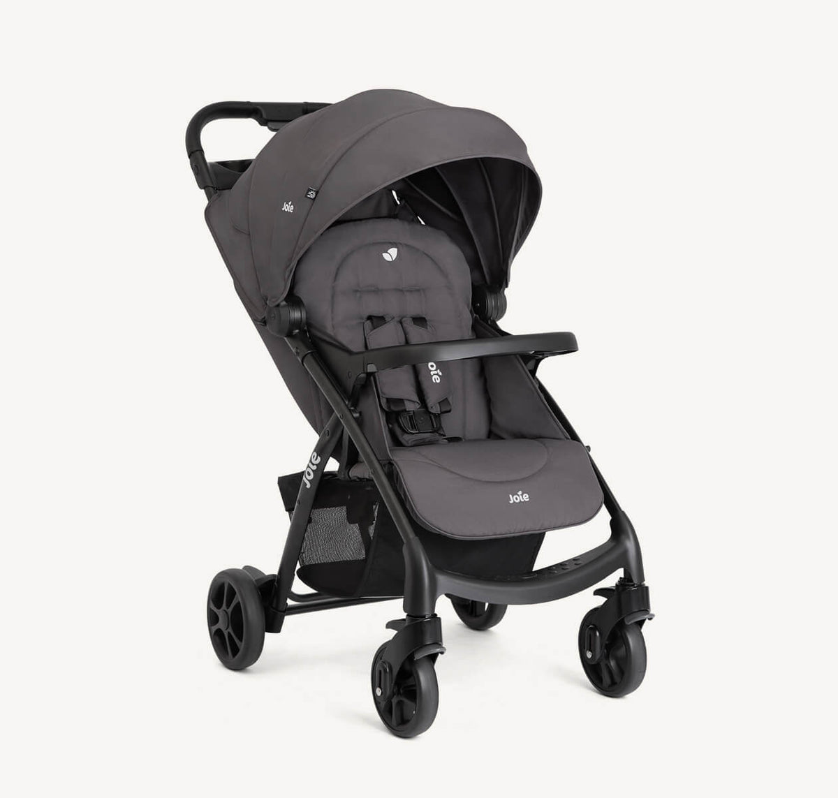 Joie Muze LX Travel System in Thunder color, featuring a stroller with a car seat attached, right angle view.