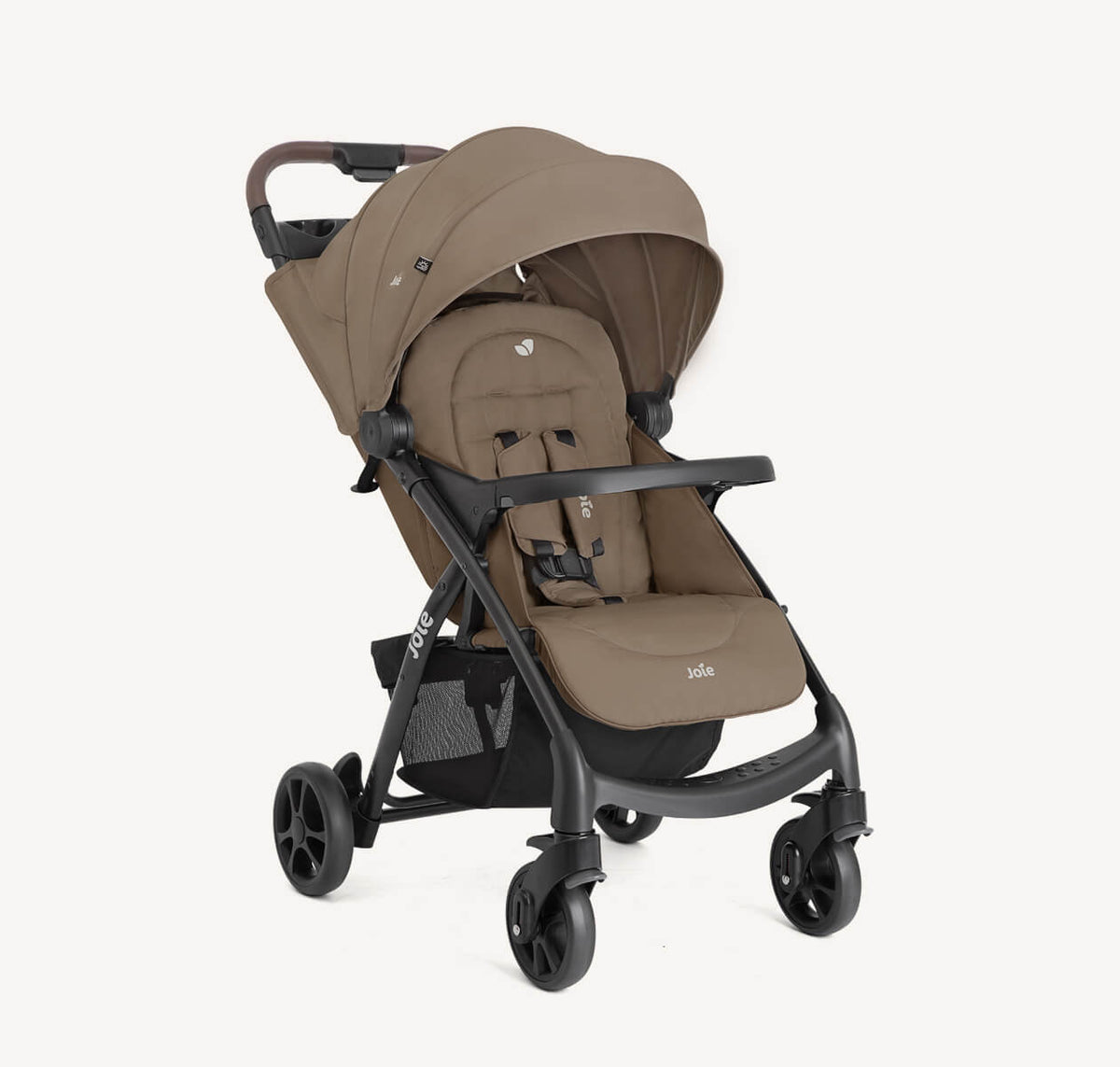 Joie Muze LX Travel System in Toffee with stroller and car seat, shown from a right-angle view.