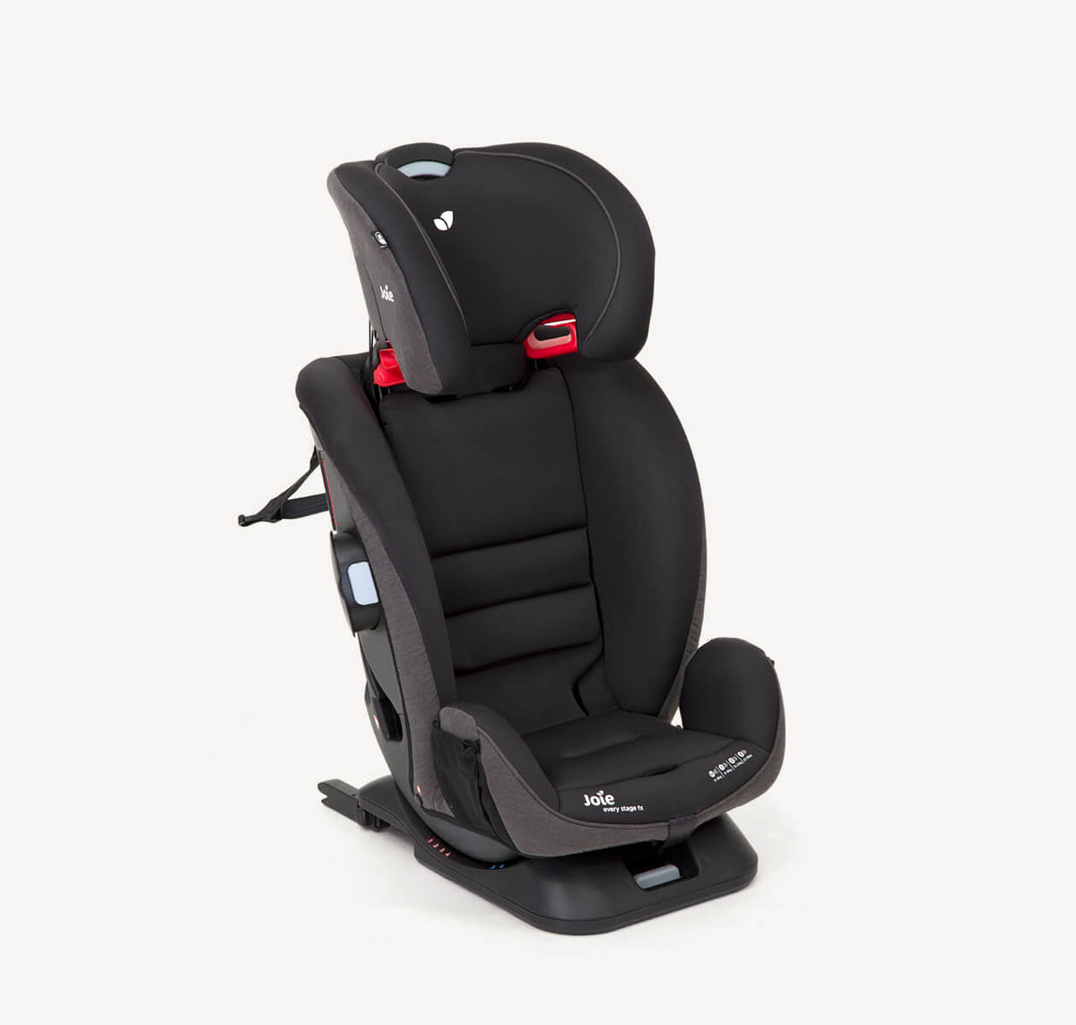 Joie Every Stage FX ISOFIX toddler car seat in coal with adjustable headrest and secure harness system, viewed from the right angle.