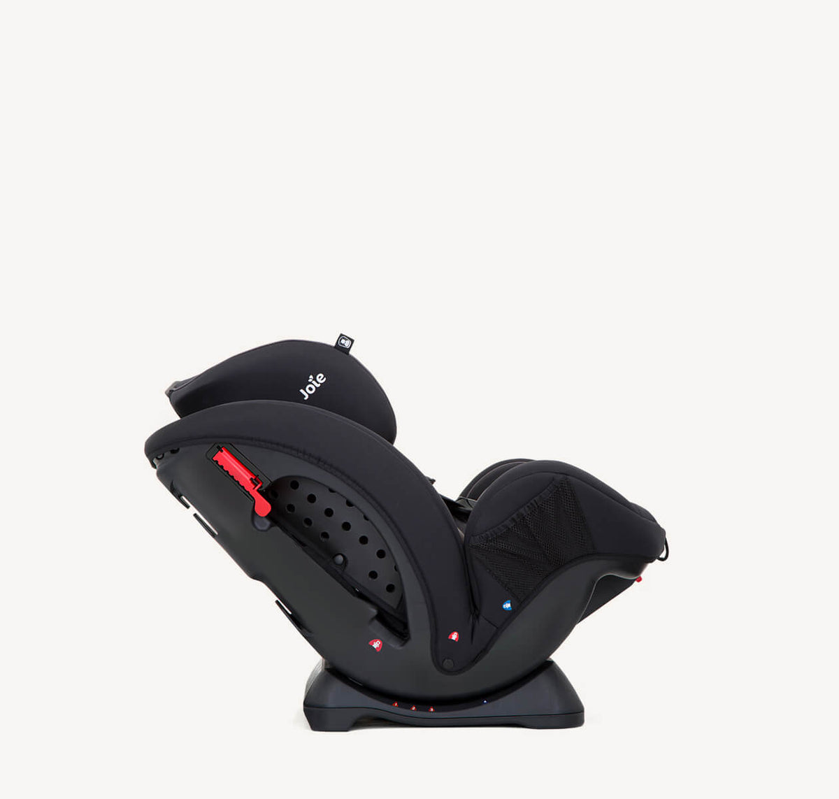 Joie Stages convertible car seat in coal, right profile view showing recline and padded seat for toddlers and children.
