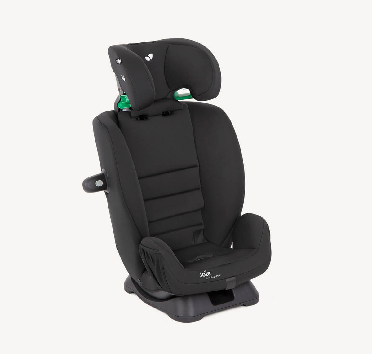 Joie Every Stage R129 car seat for toddlers, in shale fabric, featuring adjustable headrest and secure harness system.