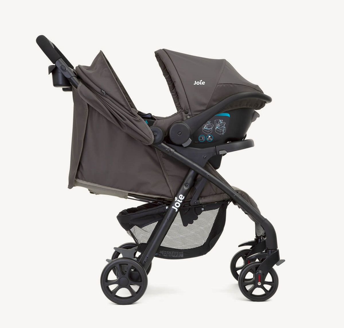 Joie Muze LX Travel System in Dark Pewter showing the stroller frame, infant car carrier, and adjustable handlebar in profile view.