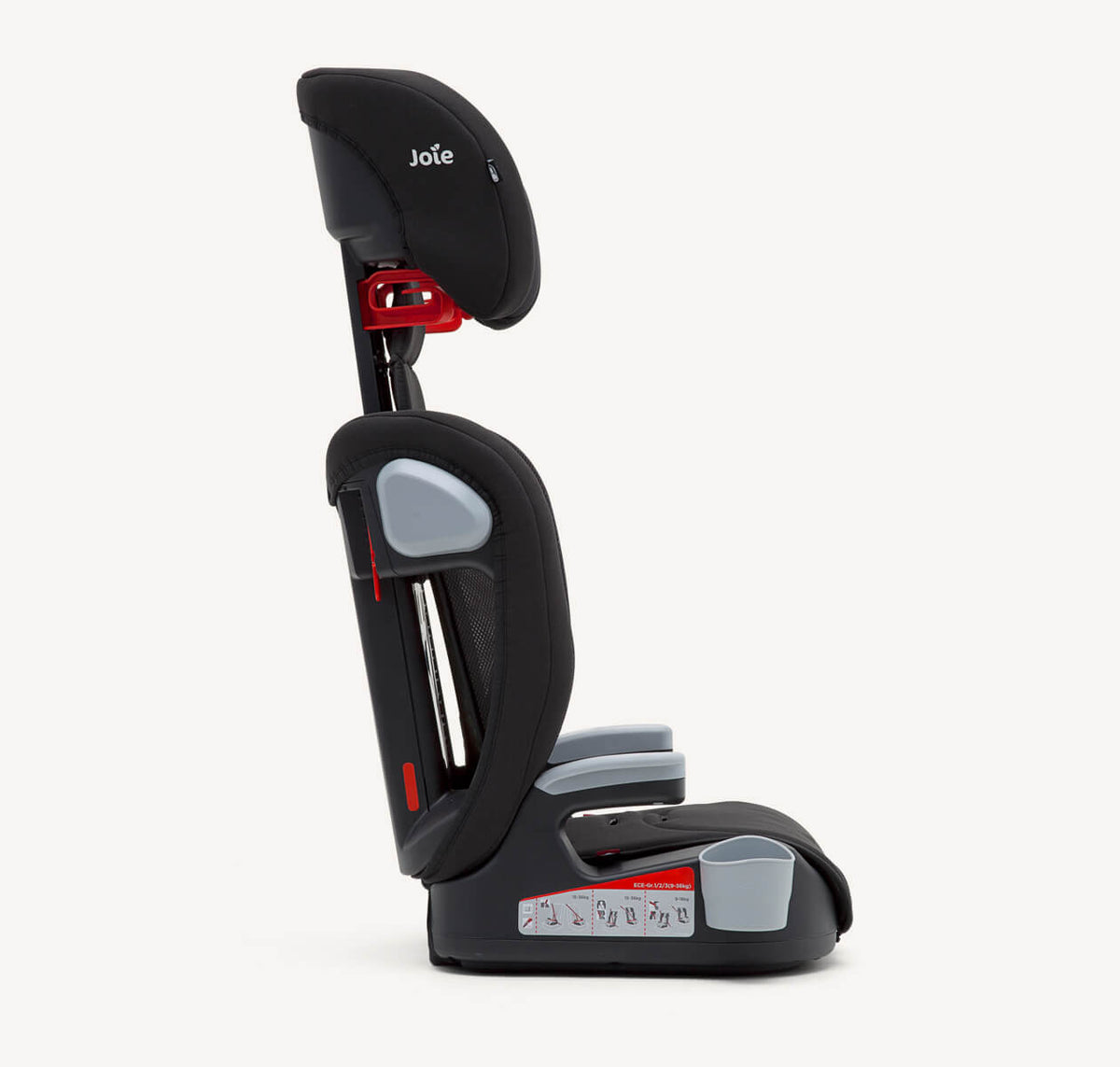 Joie Elevate toddler to booster car seat in two-tone black with raised headrest and side protection for child safety.