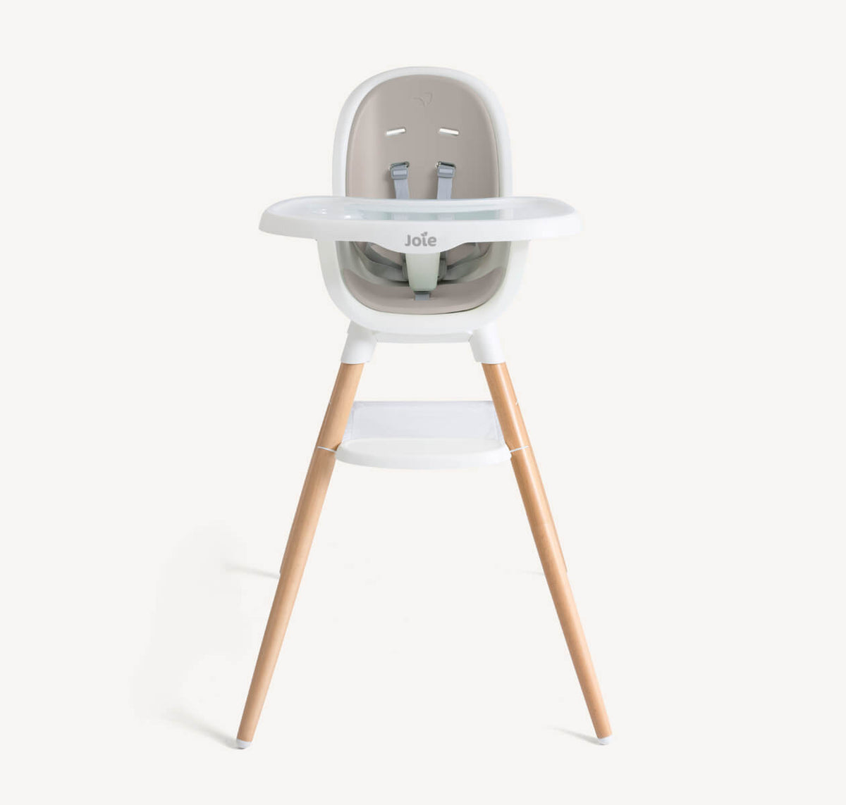 Joie Chestnut Mocha high chair with multi-mode adjustable features, fabric seat, and wooden legs for versatile dining setup.