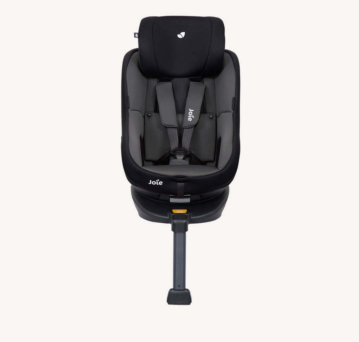 Joie Spin 360 Ember car seat with adjustable headrest, showing the rotating feature and safety padding.