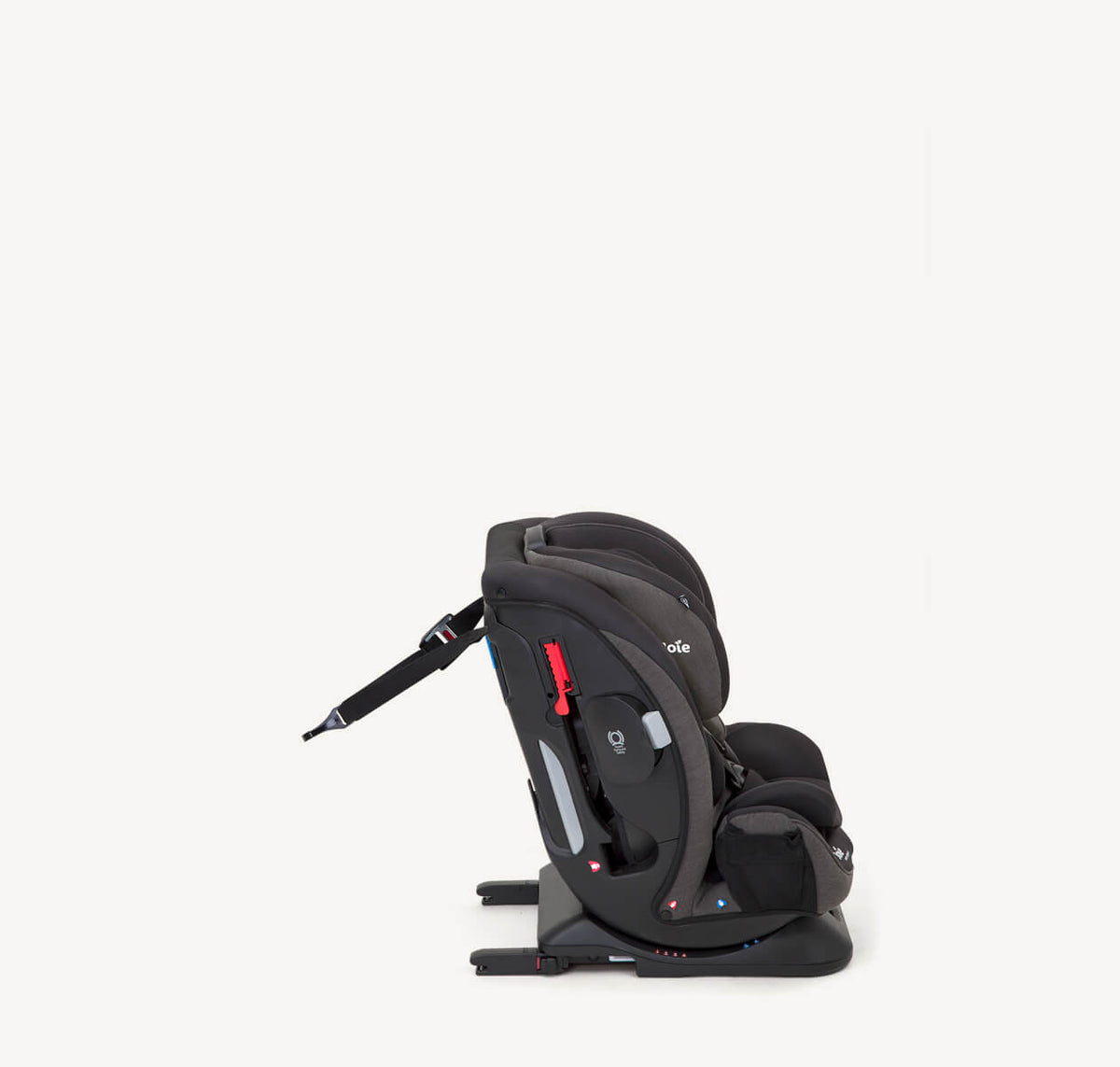 Joie Every Stage FX ISOFIX car seat in coal, toddler to child, right profile view showing adjustable headrest and safety features.