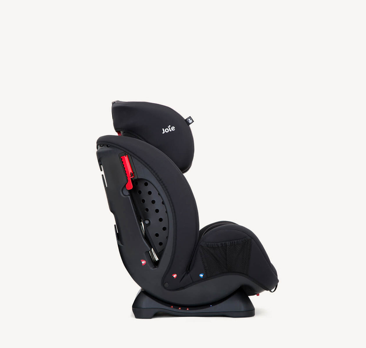 Joie Stages Convertible Car Seat in Coal, side profile view showing adjustable headrest and safety harness for toddler and child.