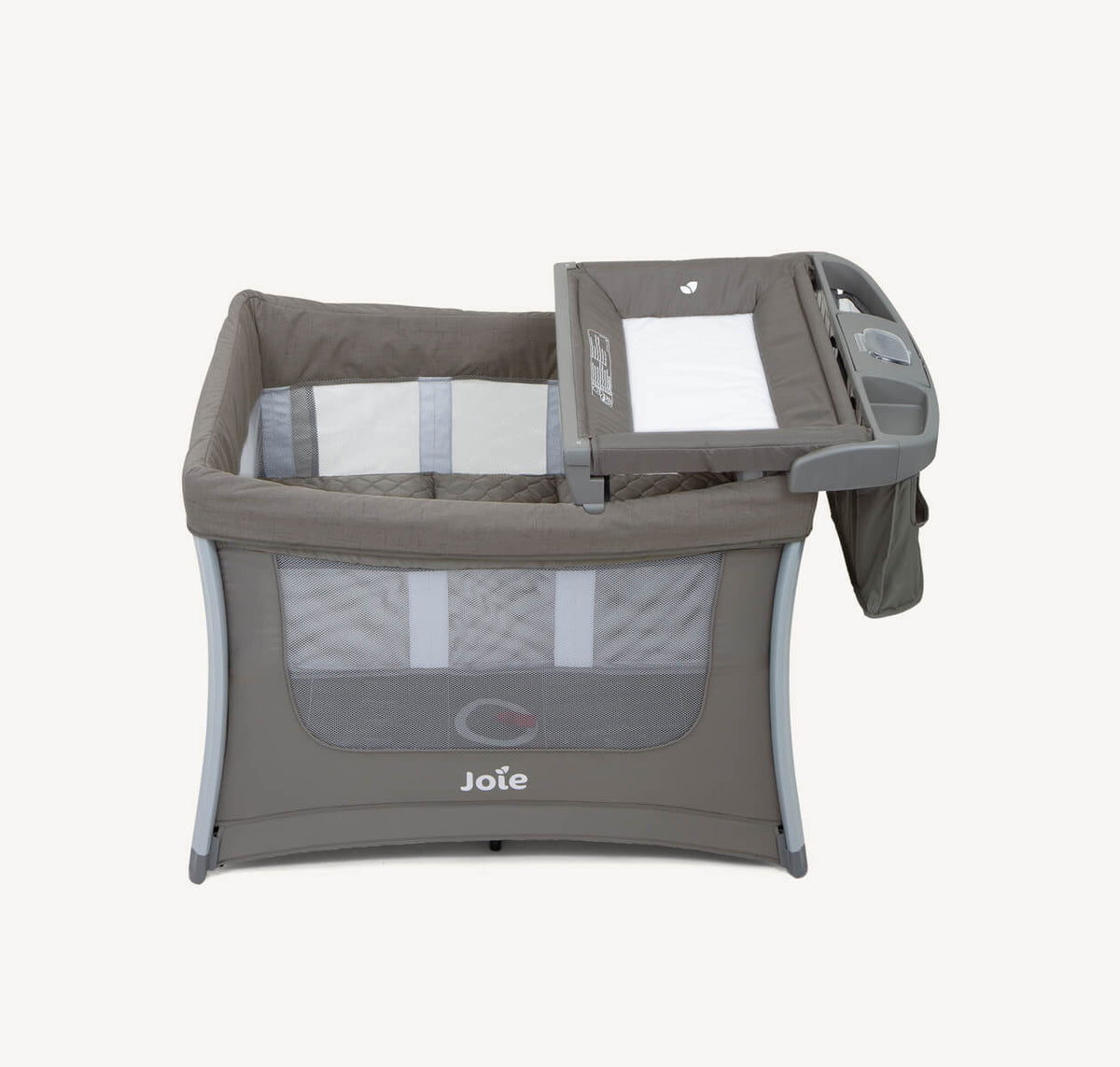 Joie Illusion Travel Cot in nickel color, showing compact fold design and padded mattress for portable comfort.