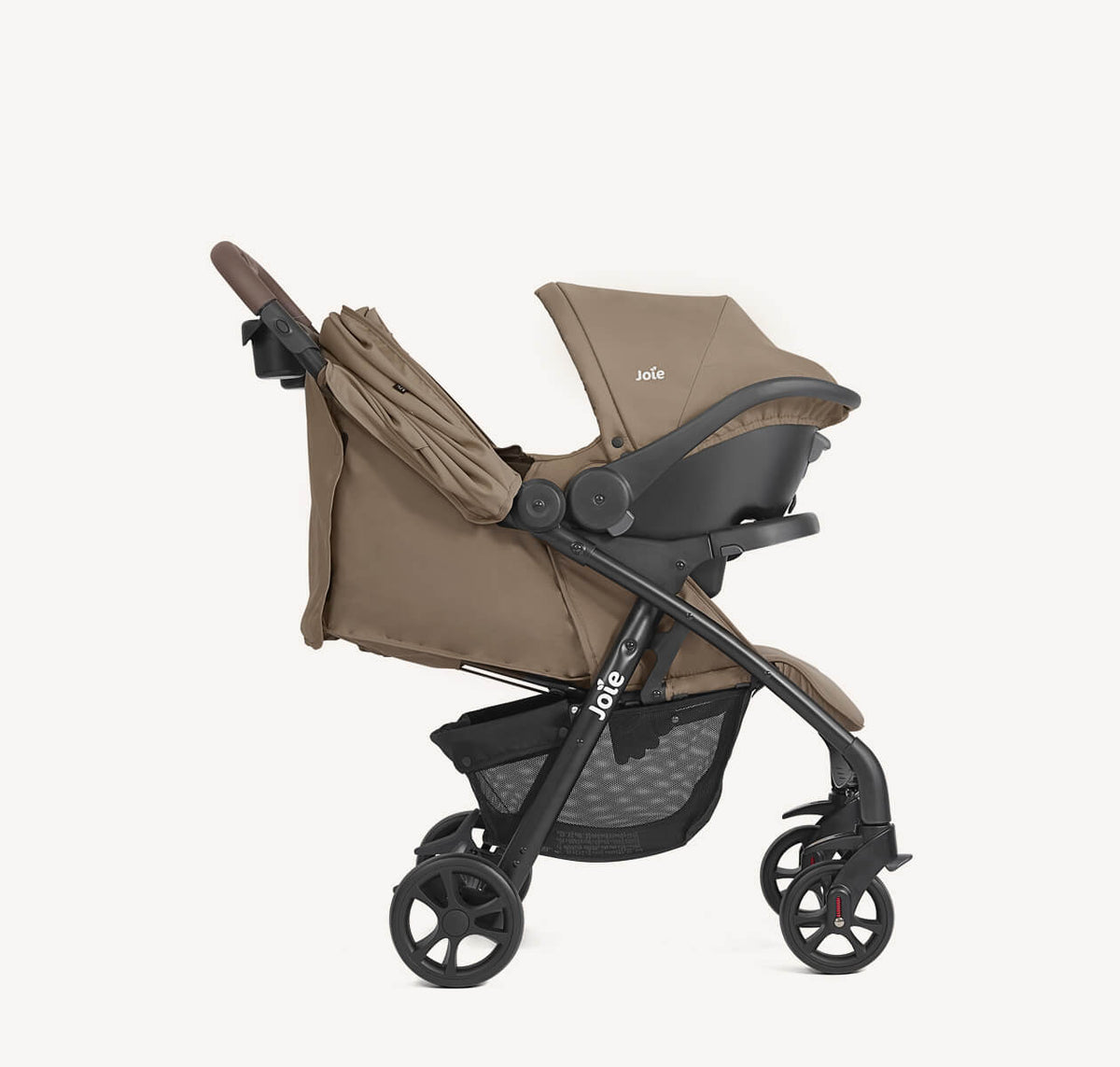 Joie Muze LX Travel System in Toffee with stroller and car seat, showing the right-angle view of the travel system setup.
