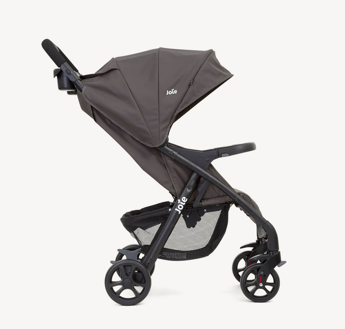 Joie Muze LX Travel System in Dark Pewter with stroller and car seat, side profile view.