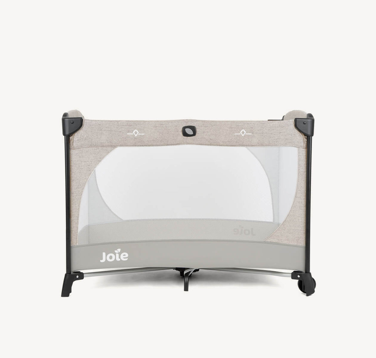 Joie Commuter Change Travel Cot in speckled fabric, portable baby crib with side zipper and padded mattress for convenient travel.