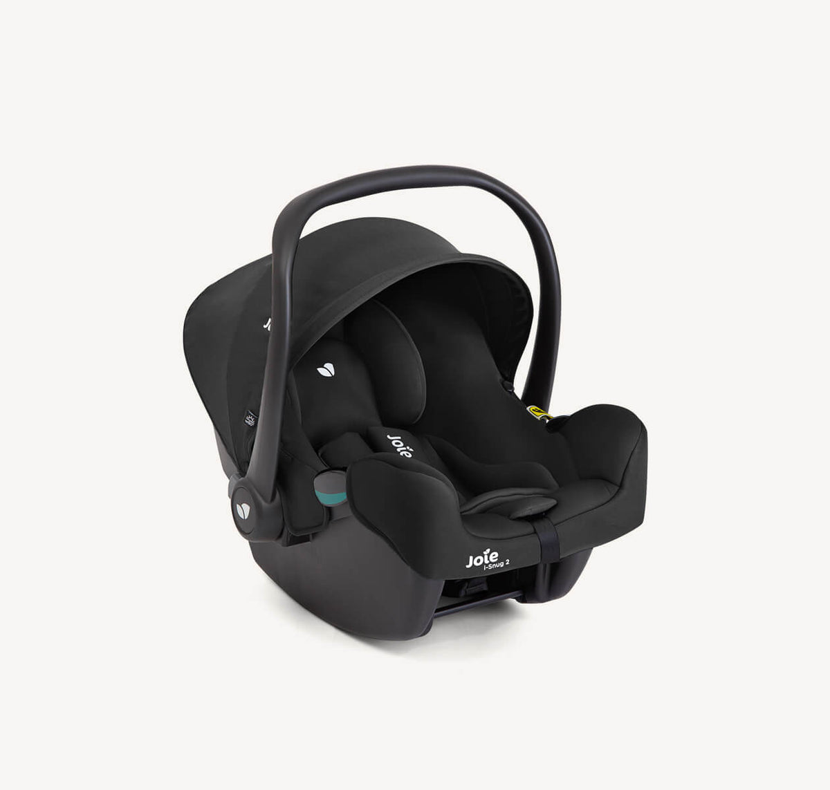 Joie Litetrax 3 travel system with i-Snug 2 infant car seat in coal, showing the car seat attached at a right angle.