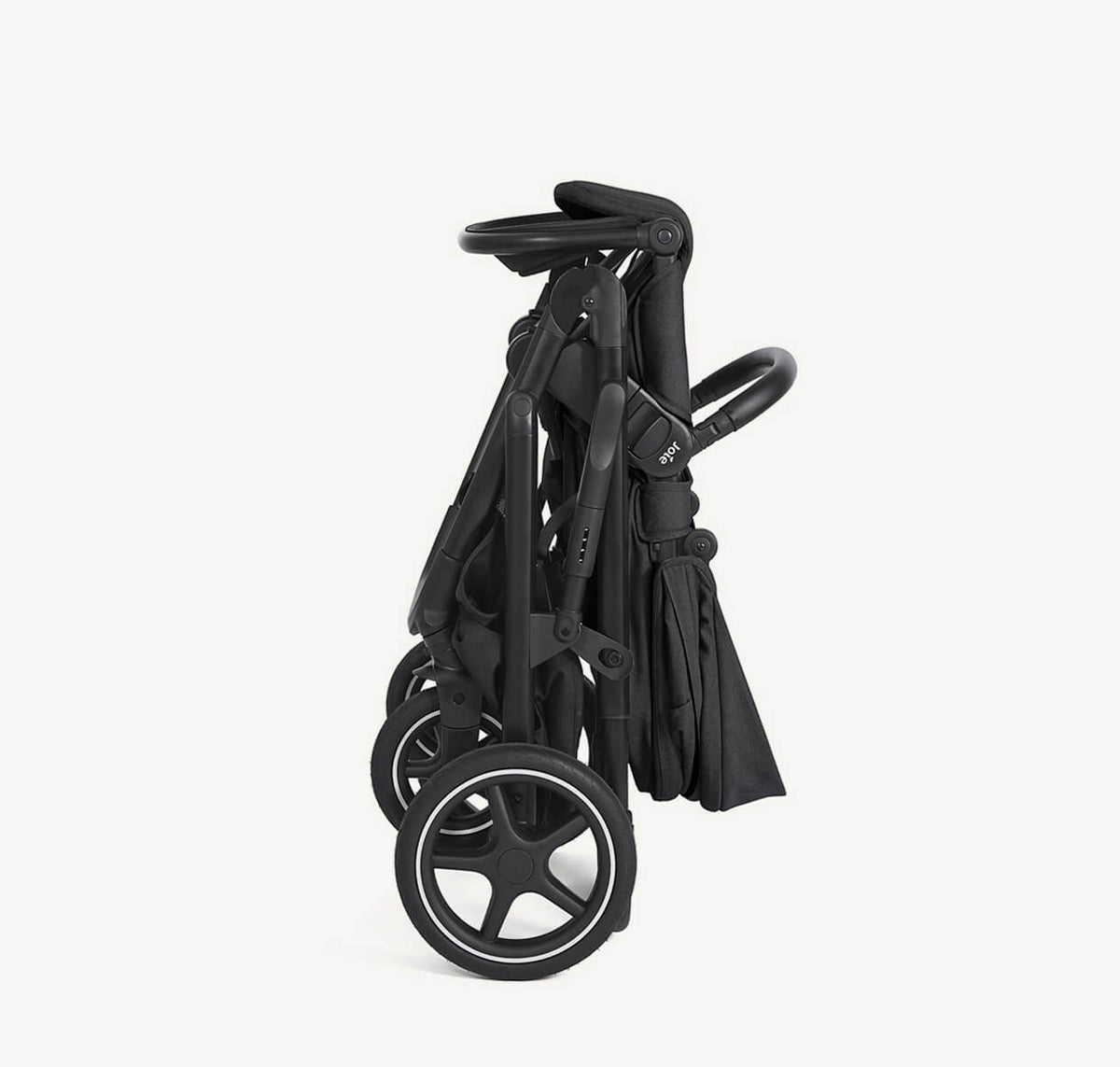 Folded Joie Elara All-Suspension Pram stroller in Raven color, showcasing compact design and durable suspension system.
