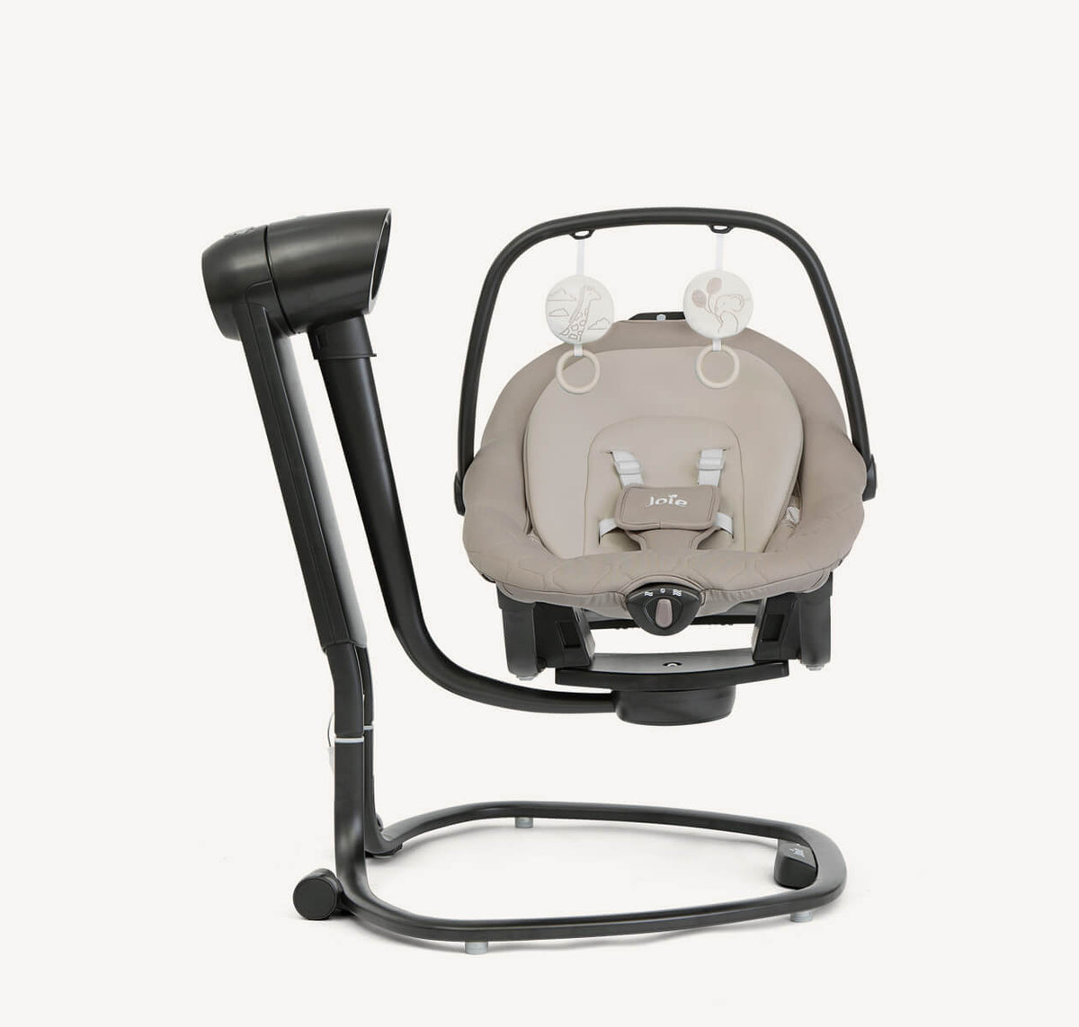 Joie Serina 2-in-1 baby bouncer and rocker in Hazelnut, showing the profile view of the seat with plush fabric and adjustable features.