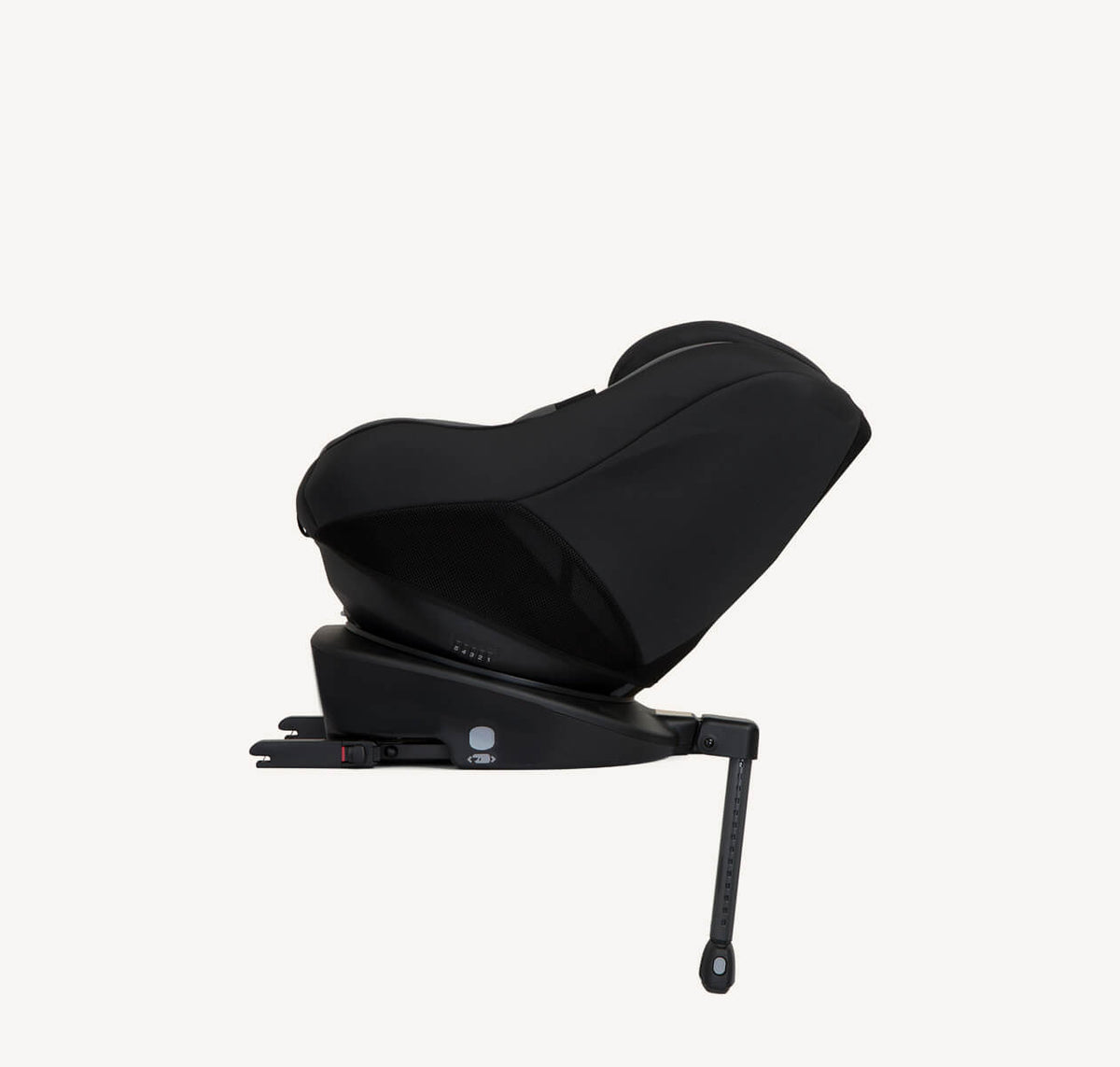 Joie Spin 360 Ember car seat showing rear-facing position with recline feature, designed for infant safety and comfort.