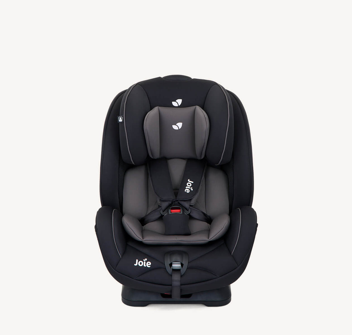 Joie Stages Convertible Car Seat in Coal color shown with padded fabric and adjustable headrest for toddler and child safety.