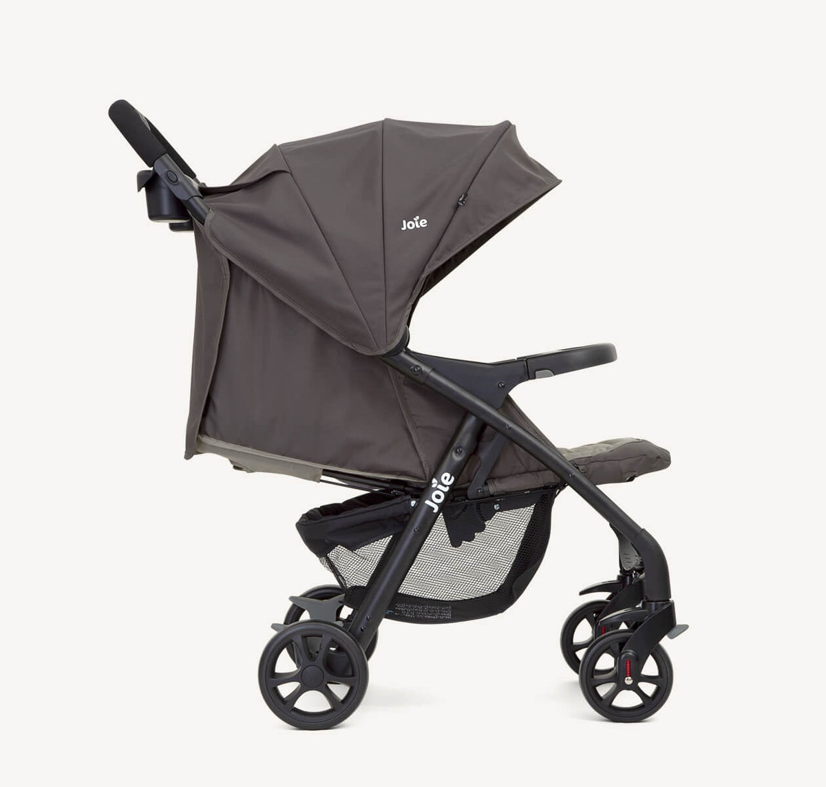 Joie Muze LX Travel System in Dark Pewter, side view showing stroller with recline feature and matching car seat.