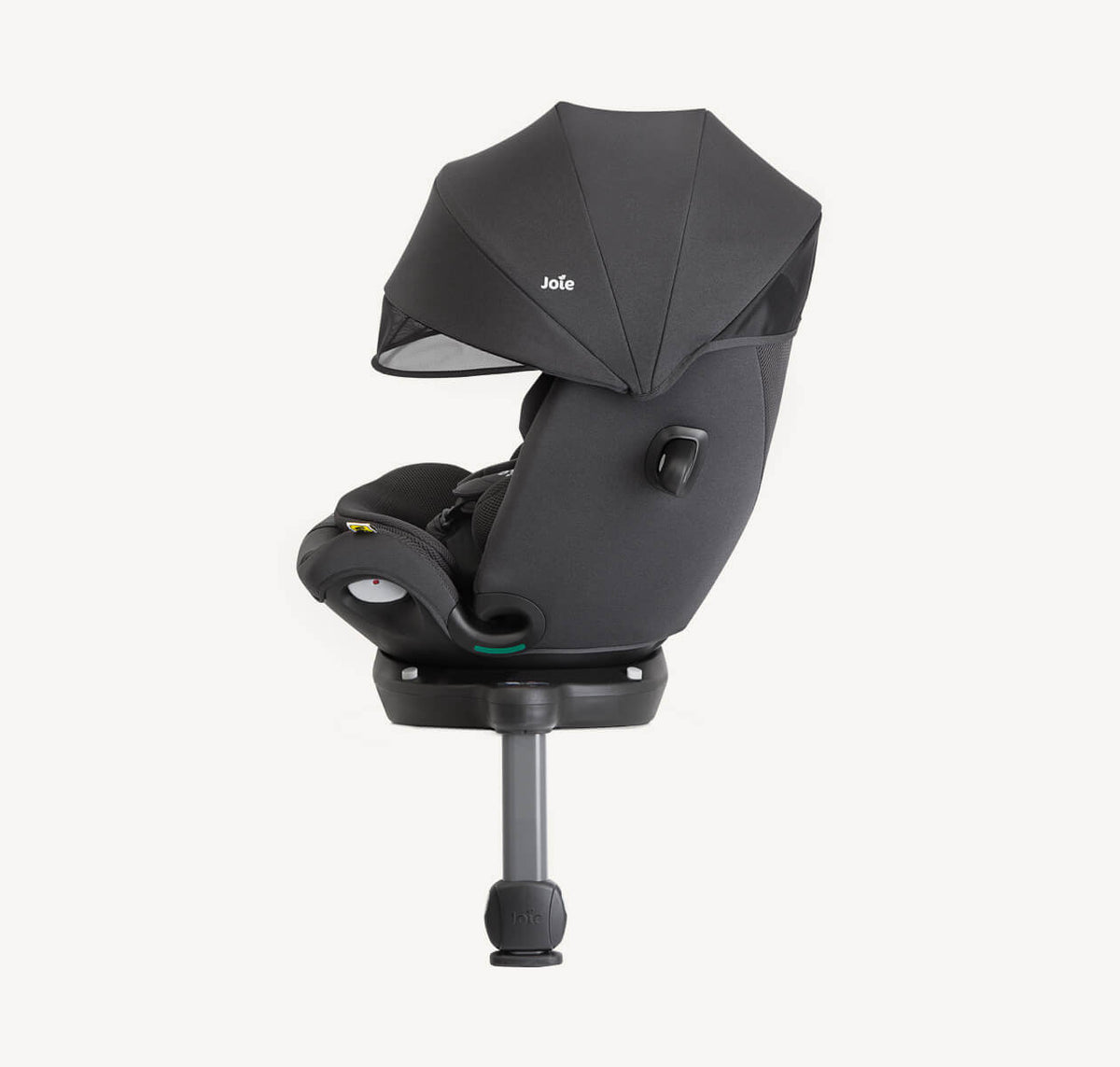 Joie i-Spin 360 Max car seat with Mercury Mesh fabric, featuring a canopy and spinning design for child safety and comfort.