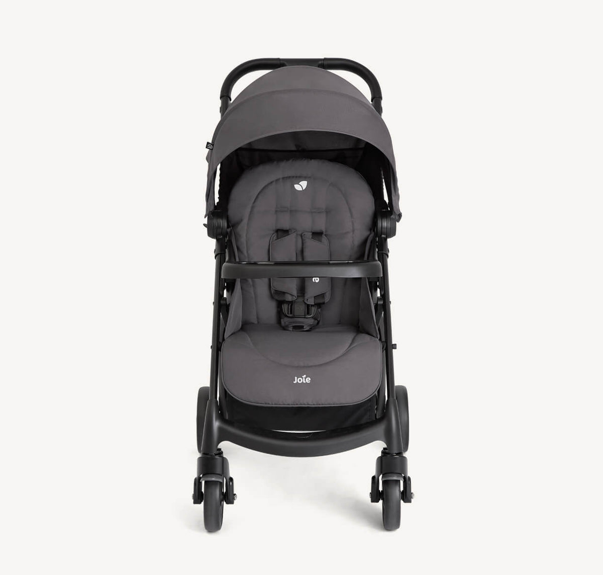 Joie Muze LX Travel System in Thunder with stroller and car seat, featuring a sleek design and adjustable handlebar.