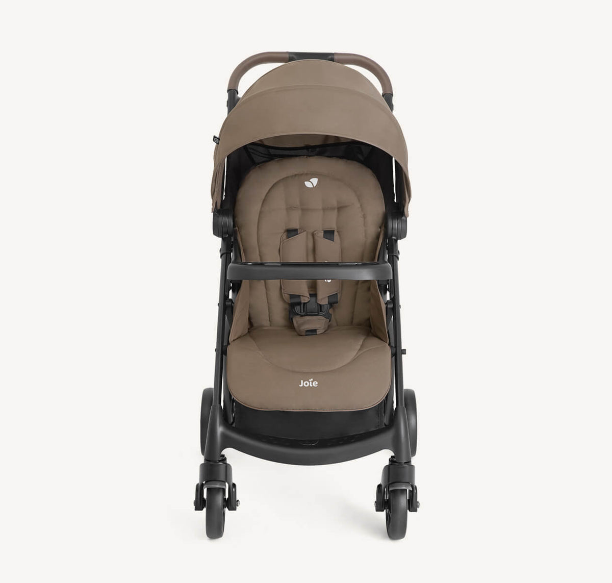 Joie Muze LX Travel System in Toffee with stroller frame and infant car seat, featuring a sleek design and comfortable fabric.