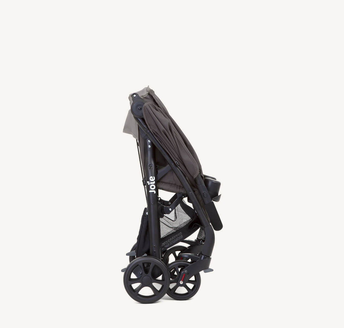 Joie Muze LX Travel System in Dark Pewter folded, includes stroller and car seat, compact and versatile for travel.