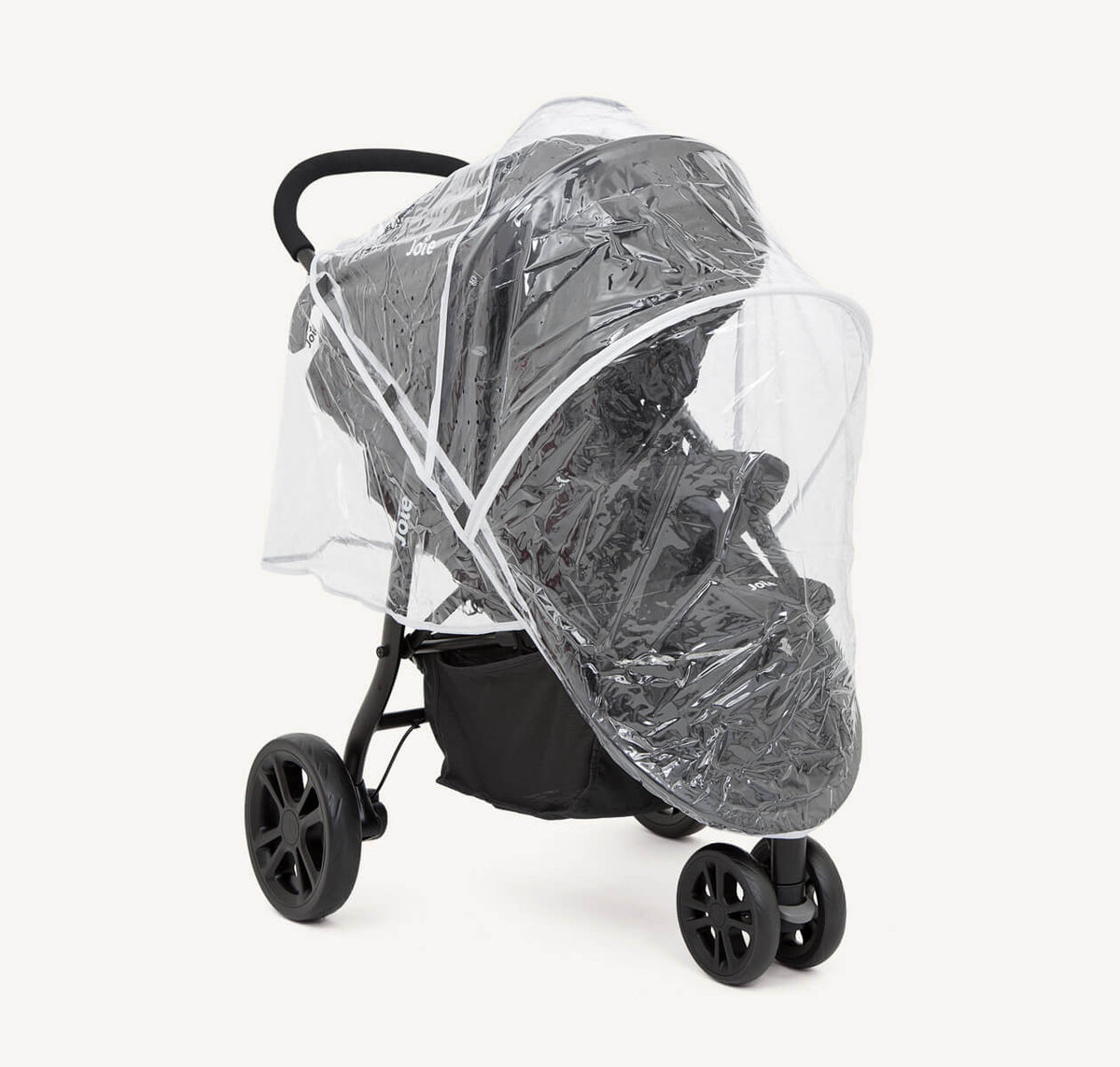 Joie Litetrax 3 Travel System with i-Snug 2 infant car seat in coal, including stroller with rain cover attached.