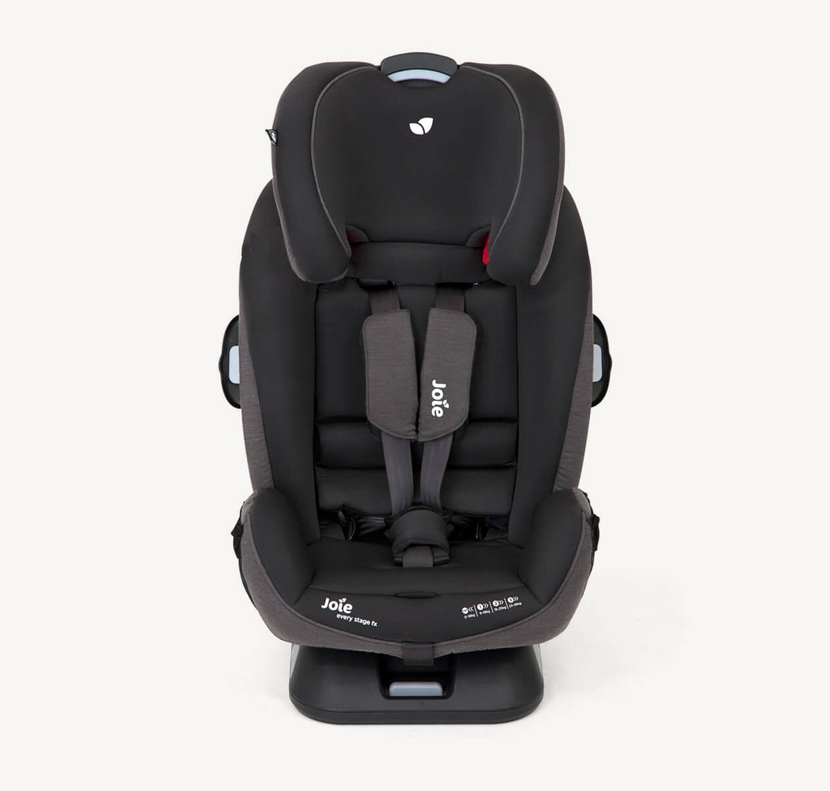 Joie Every Stage FX ISOFIX car seat in coal fabric, designed for toddlers and children, featuring adjustable headrest and safety harness.