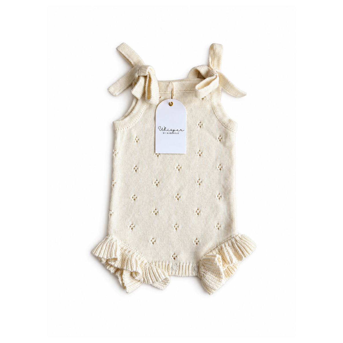 Cream Pointelle Frill Knitted Baby & Toddler Romper by Bubbadue, featuring delicate pointelle pattern and frill details.
