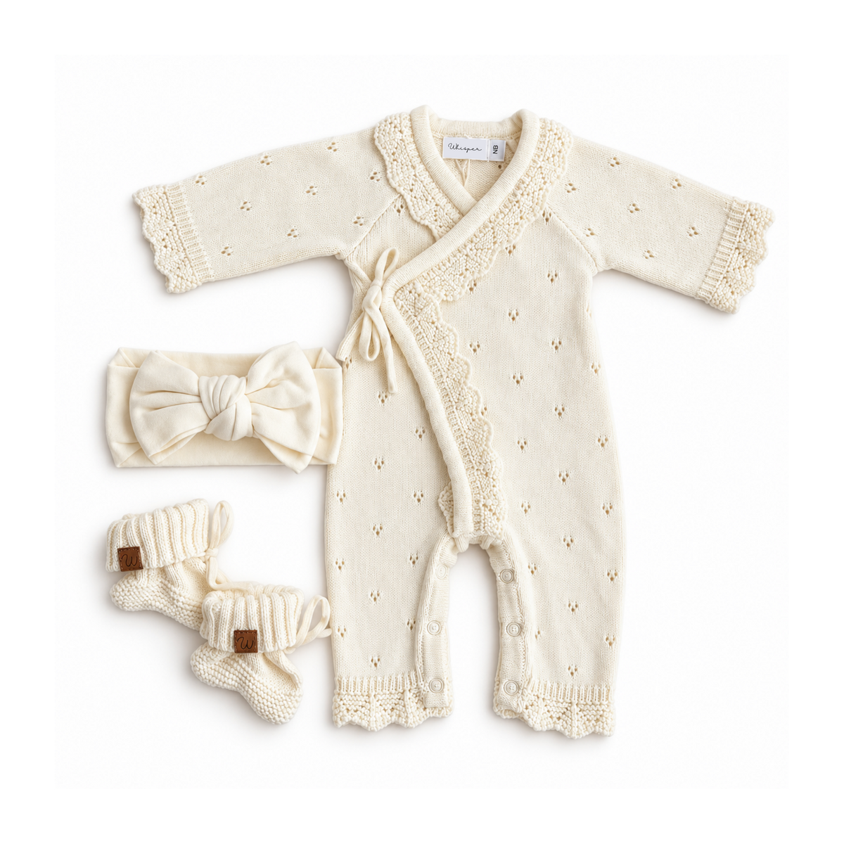 Cream Pointelle Kimono Knitted Romper for newborns by Bubbadue, featuring a soft, delicate knit fabric and cozy design.
