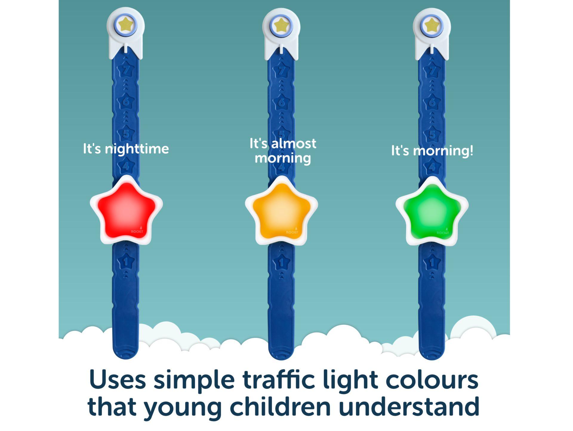 Three Rising Stars glowing red, amber and green - traffic light colours toddlers understand.