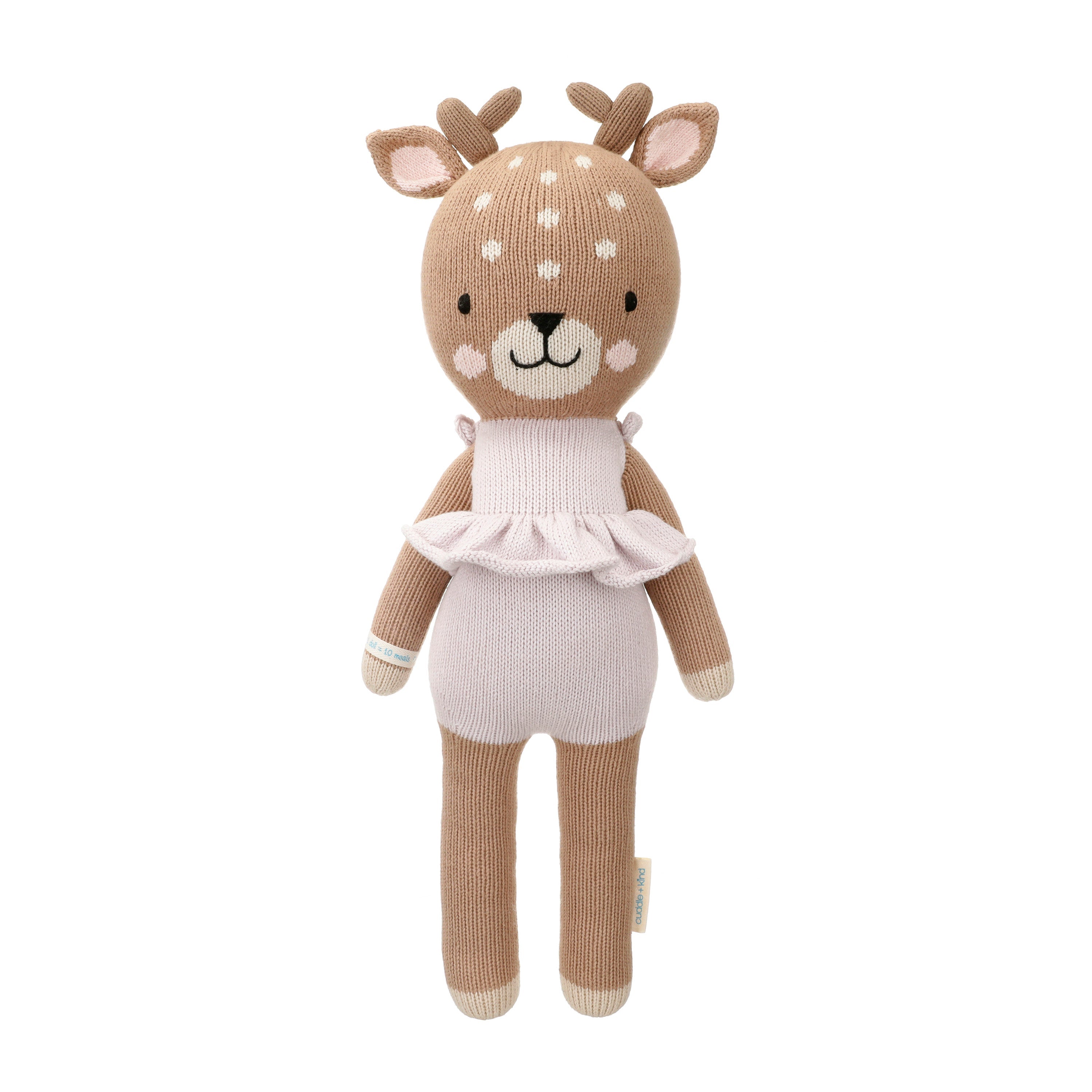 Violet the Fawn shown from 360 degrees wearing a purple ruffled romper - Cuddle + Kind