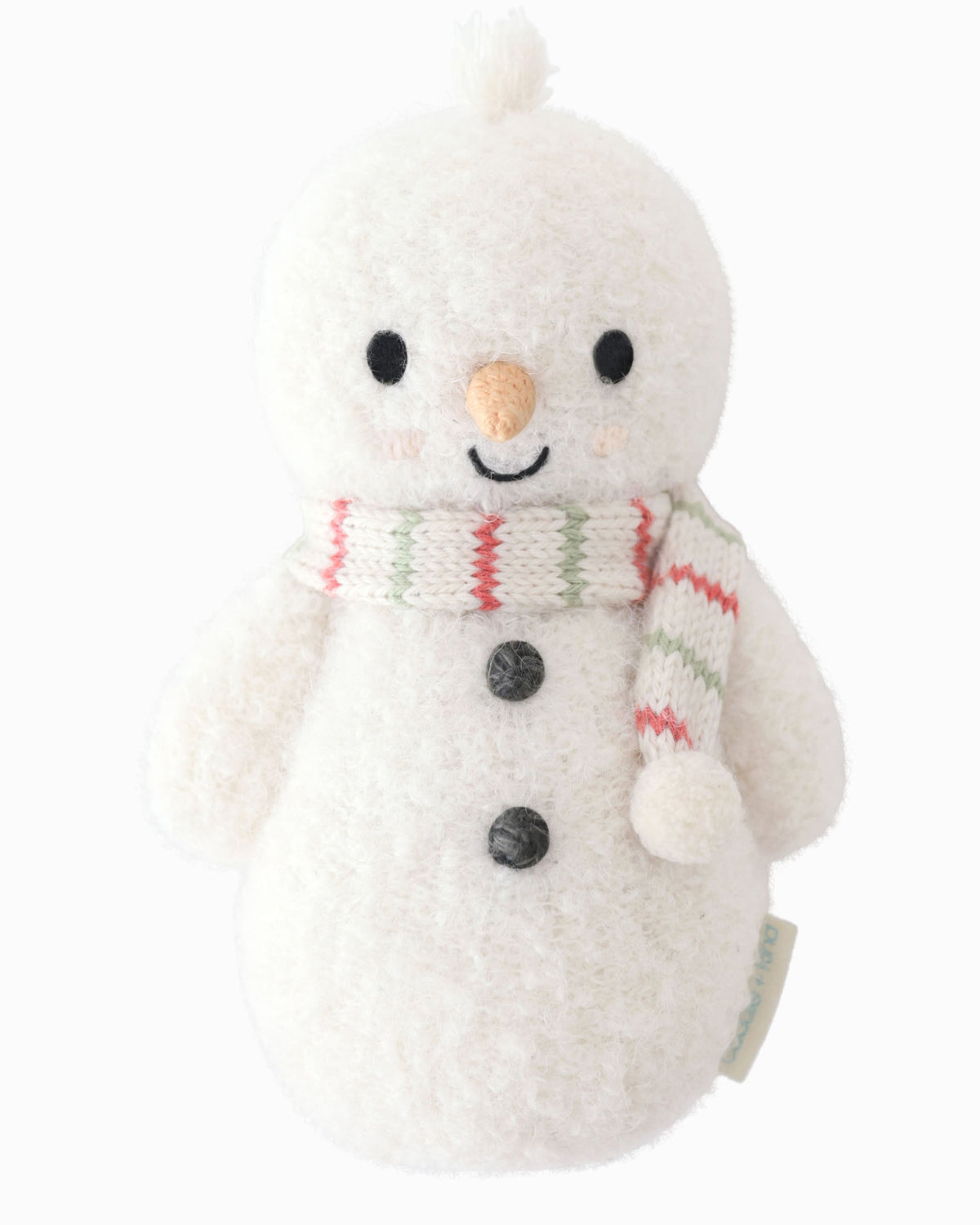 Soft baby snowman doll with peppermint stripe knit sweater from Cuddle + Kind, featuring embroidered facial details and cozy fabric.