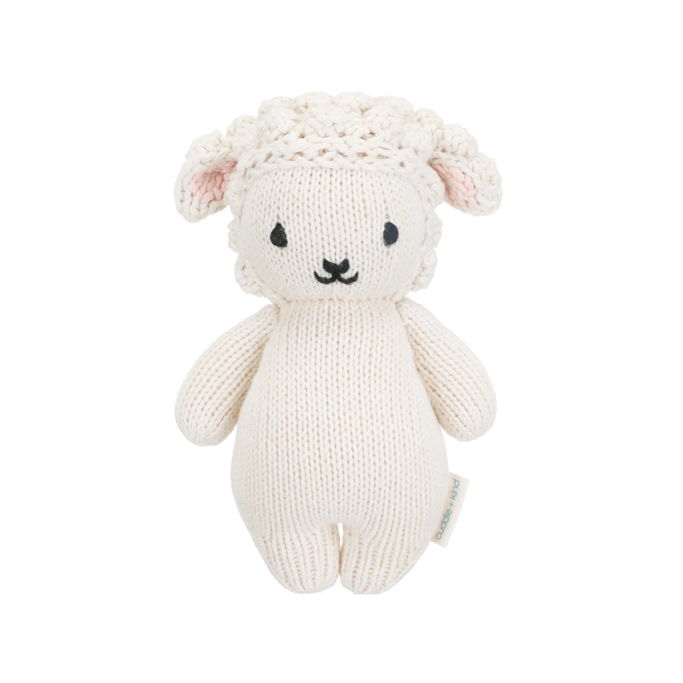 Soft plush Baby Lamb toy from Cuddle + Kind featuring gentle cream-colored wool and embroidered facial details.