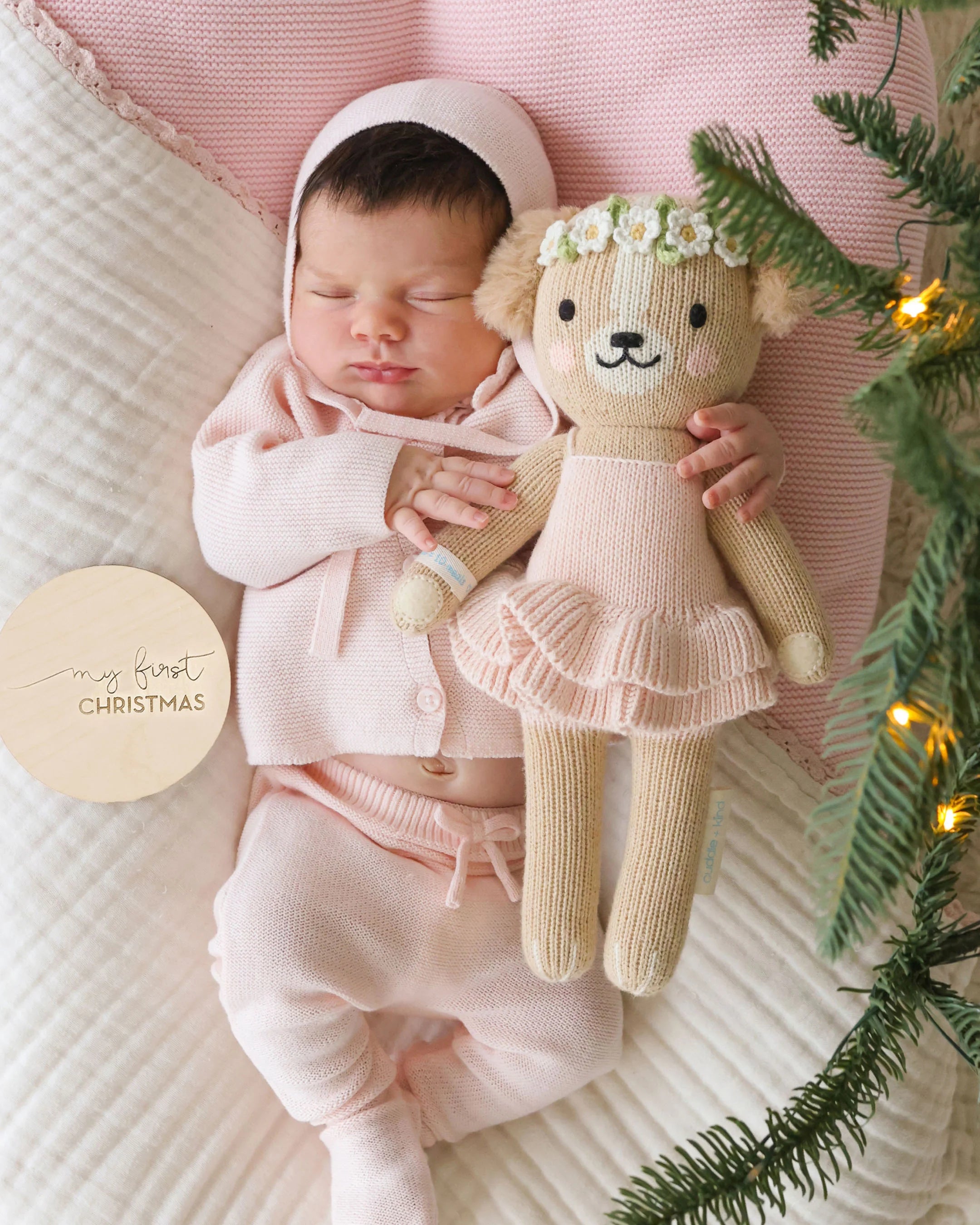 Soft plush doll of Evelyn the Golden Puppy from Cuddle + Kind in ballet pink, with detailed fur and gentle expression.