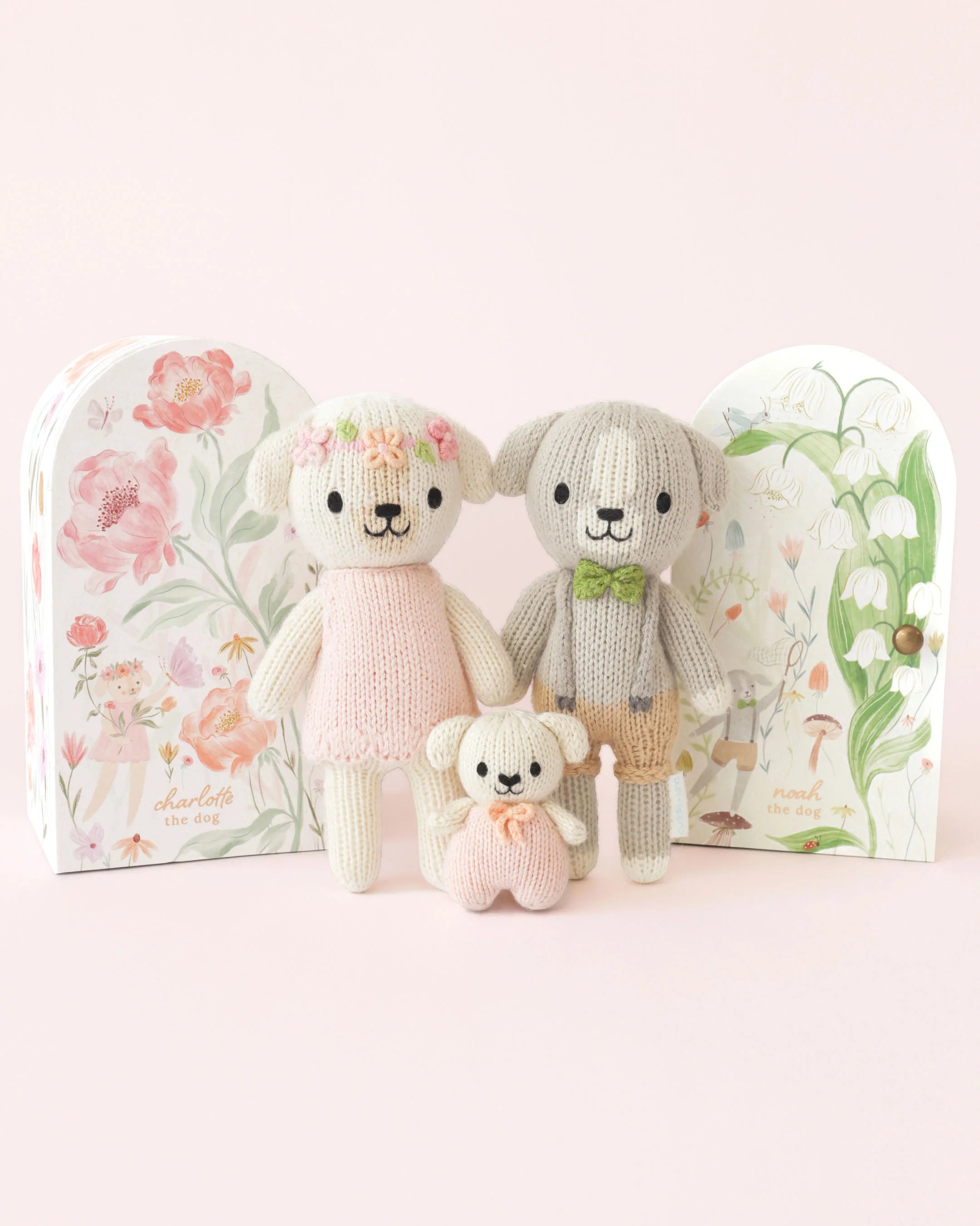 Tiny Charlotte the Dog from Cuddle + Kind, a soft plush toy with detailed features, designed for cuddling and comfort.
